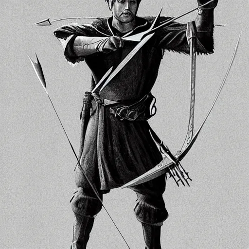 Prompt: Robin hood close-up, drawing an arrow from his quiver, matte painting