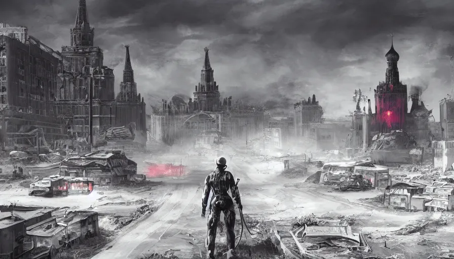 Prompt: fallout moscow concept art, black background, vibrant colors, 8 k photorealistic, hd, high details, trending on artstation