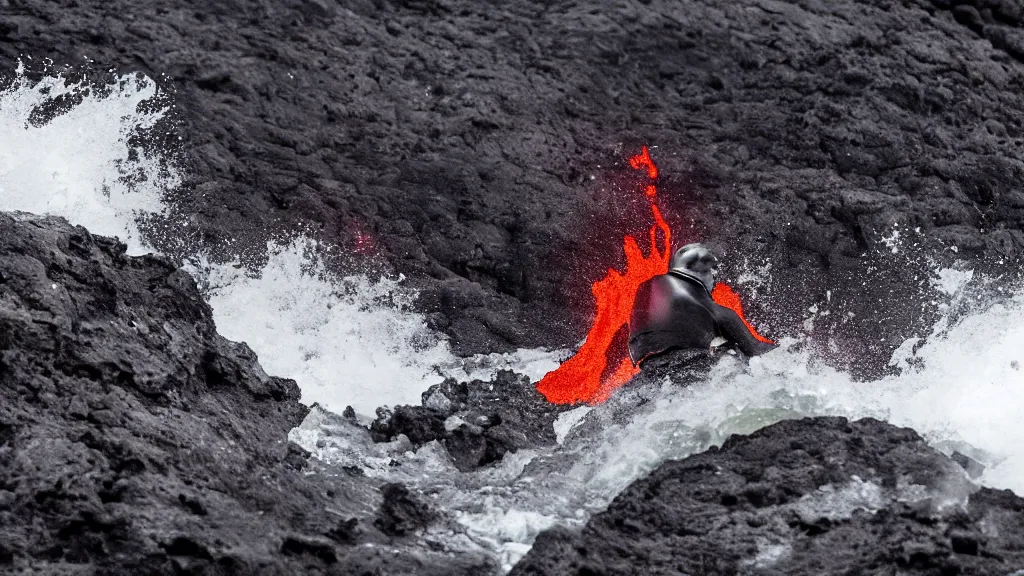 Prompt: person in armor surfing down a river of lava on the side of a volcano on surfboard, action shot, dystopian, thick black smoke, motion blur, sharp focus, cinematic, warren miller, tilt shift lens