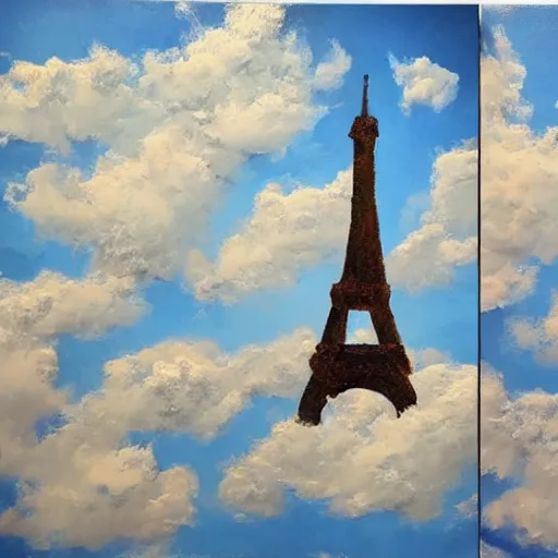 Prompt: oil paint impasto reliefs, eiffel tower, super realistic, influenced by constables cloud studies, painted with expressive paint and cumulus clouds,