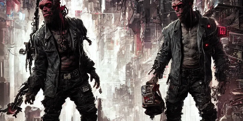 Image similar to Tom Waits as cyberpunk Hellboy design, kim jung gi, Greg Rutkowski, Darek Zabrocki, Karlkka, Jayison Devadas, Phuoc Quan, trending on Artstation, 8K, ultra wide angle, pincushion lens effect