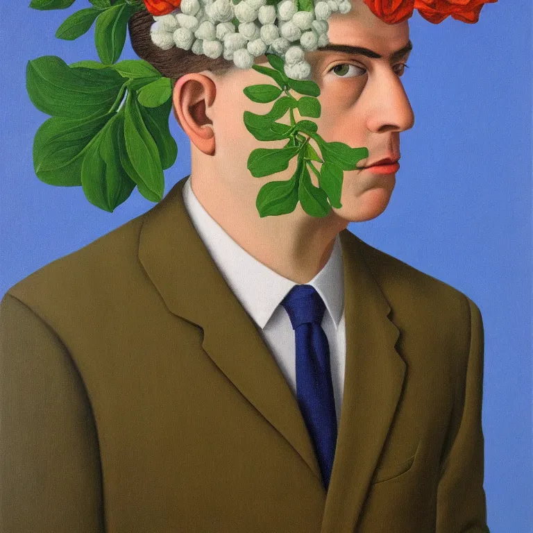 Image similar to portrait of man in a suit with flower head by rene magritte, detailed painting, hd, hq, high resolution, high detail, 4 k, 8 k