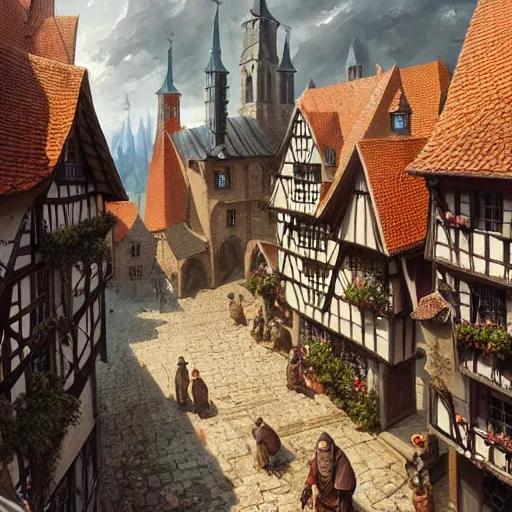Prompt: Birdview shot. A medieval german town imagined by a fantasy author. friendly and warm mood, welcoming. extremely detailed painting. by Greg Rutkowski and by Henry Justice Ford and by Steve Henderson.