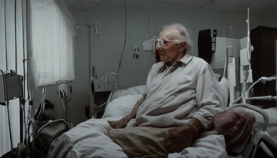 Image similar to 7 0 s movie still of a old root man in the hospital, cinestill 8 0 0 t 3 5 mm eastmancolor, heavy grain, high quality, high detail