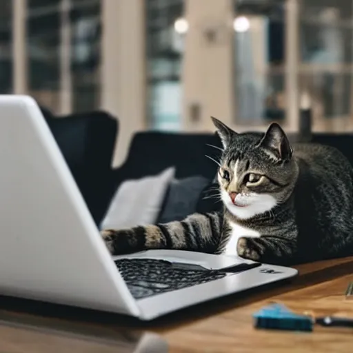 Image similar to a cat coder programming on a laptop to catch a deadline