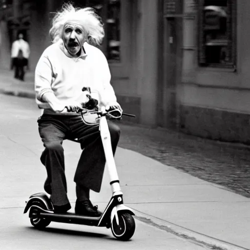 Image similar to Albert Einstein rides an electric scooter with his tongue out, moody, beautiful composition