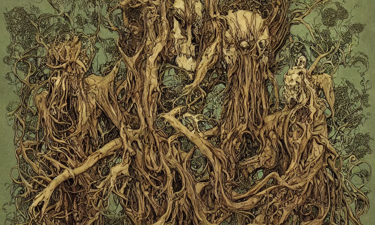 Image similar to hyperdetailed art nouveau portrait of treebeard and old groot as a cthulhu eyeball moose skull wendigo swamp thing creatures, by michael kaluta, pushead and bill sienkiewicz, photorealism, claws, skeleton, antlers, fangs, forest, wild, bizarre, scary, lynn varley, lovern kindzierski, steve oliff