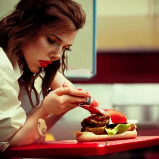 Prompt: Scarlett Johansson performing CPR on a hamburger, dripping BBQ Sauce, serving happy meals, spilling ketchup, 35mm print, hyperreal, emergency room footage