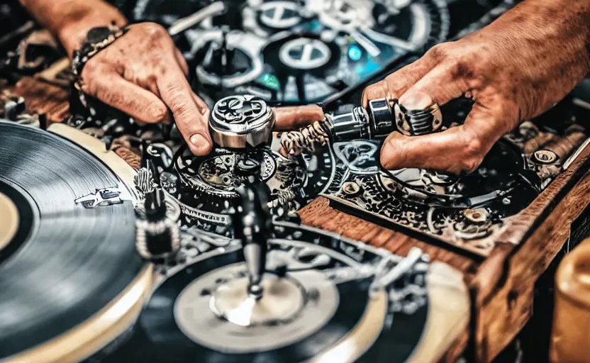 Image similar to a person doing turntablism dj scratching on a retro steampunk clockwork mixing board and record player, intricate carved wood, planetary gears, complex contraption, wearing old school headphones and visor, cinematix, imax, sharp focus, hyper detail