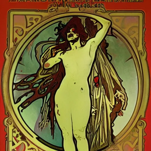 Prompt: zombie, painted by alphonse mucha