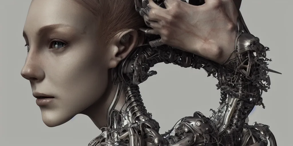 Image similar to hyper realistic photography of a stunningly beautiful cyborg female, elbow, intimate, holding close, in the style of beth cavener, jin kagetsu, wlop, highly detailed, intricate filigree, symmetry, masterpiece,, concept art, highkey lighting, ambient lighting, octane render, 8 k, artstation