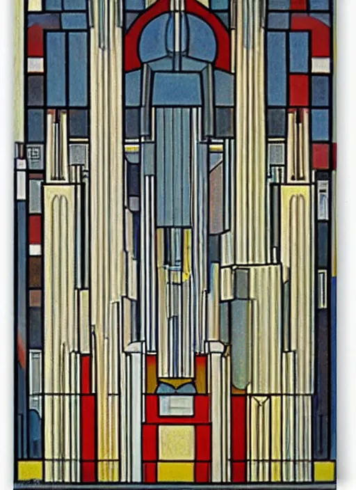 Image similar to isometric artdeco cathedral by frank lloyd wright painted by piet mondrian