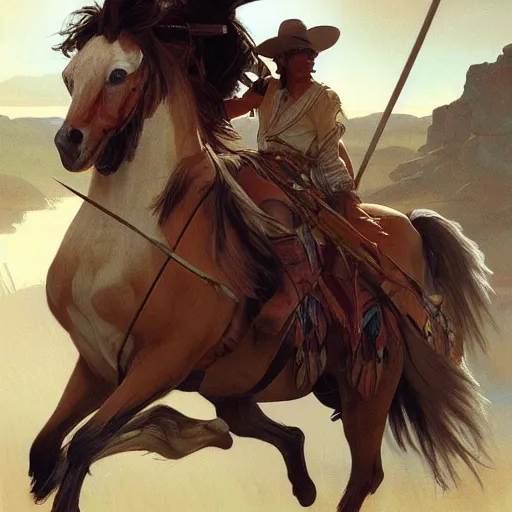 Prompt: native American on a horse during hunt, highly detailed, digital painting, cgsociety , concept art, sharp focus, illustration, art by artgerm and greg rutkowski and alphonse mucha