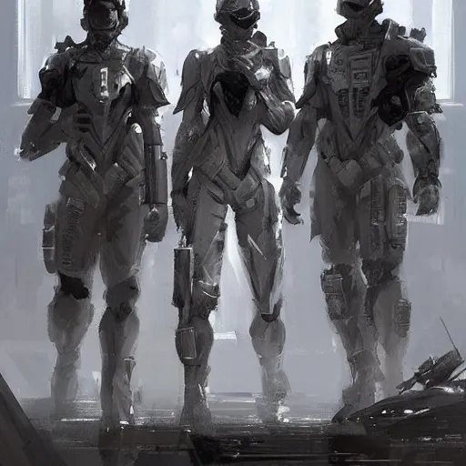 Image similar to concept art by greg rutkowski, soldiers wearing futuristic white and black tactical gear, preparing for combat, brutalist futuristic interior, dim lighting, detailed portraits, nostalgic atmosphere, scifi, digital painting, artstation, concept art, smooth, sharp foccus ilustration, artstation hq