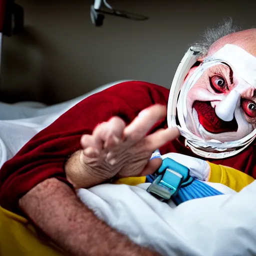 Image similar to crazy elderly clown supine in hospital bed, strapped into bed with restraints, photograph