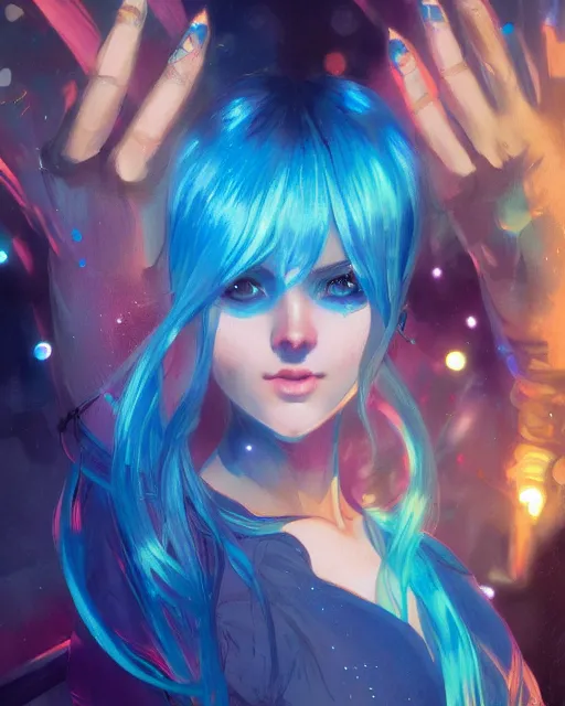 Image similar to pretty girl with blue hair, dj girl, in a club, laser lights background, sharp focus, digital painting, 8 k, concept art, art by wlop, artgerm, greg rutkowski and alphonse mucha