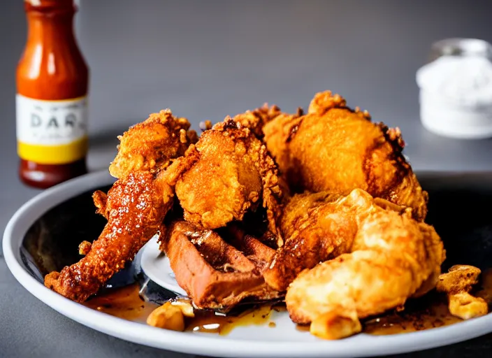 Image similar to dslr food photograph of a belgian waffle with fried chicken on top drizzled with maple syrup and a bottle of hot sauce on the side, 8 5 mm f 1. 8