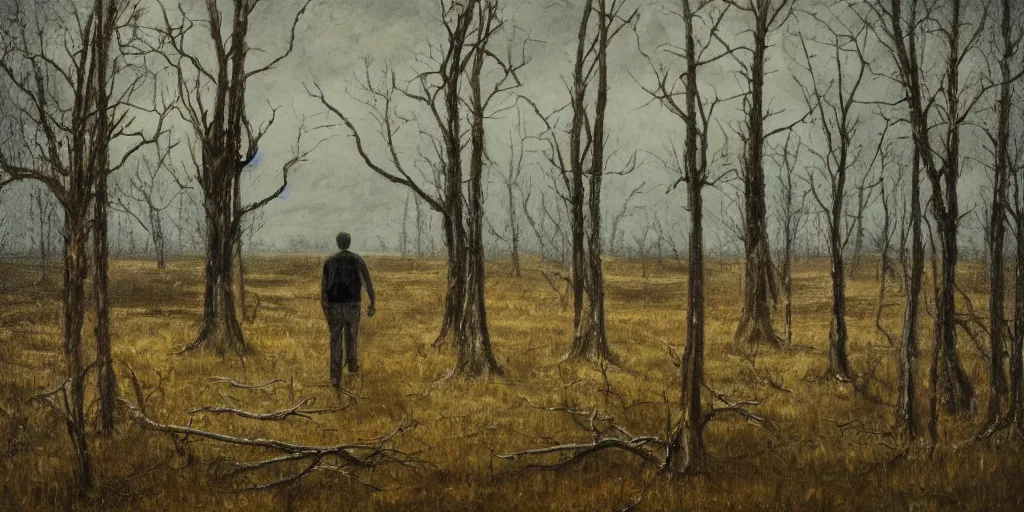 Prompt: man walking on a swampy landscape with withered trees, high detail, dark sky background