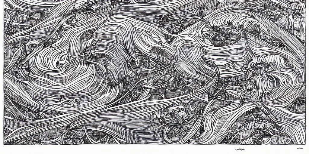 Image similar to open sea by Moebius, black and white, fine lines, hyper detailed