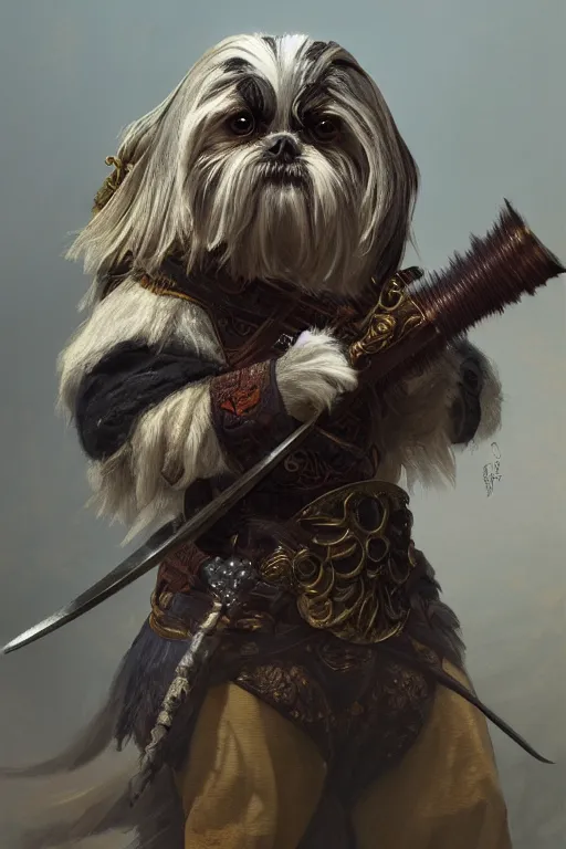 Prompt: a anthropomorphic shih - tzu warrior, diffuse lighting, fantasy, intricate, elegant, highly detailed, lifelike, photorealistic, digital painting, artstation, illustration, concept art, smooth, sharp focus, naturalism, trending on byron's - muse, by greg rutkowski and greg staples and alphonse mucha