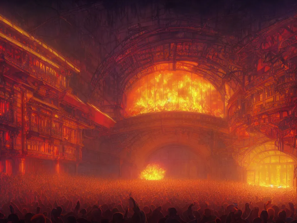 Prompt: a brightly lit stage centered and on fire, high contrast, stage lighting, pyrotechnics, ghibli animated film, volumetric lighting, octane render by stanley artgerm lau, greg rutkowski, thomas kindkade, alphonse mucha, loish, norman rockwel,