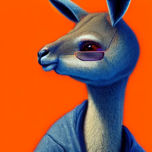 Prompt: a kangaroo in an orange hoodie with blue aunglasses, amazing, beautiful, perfect eyes, full body shot, portrait, vivid colors, elegant, concept art, sharp focus, digital art, Hyper-realistic, 4K, Unreal Engine, Highly Detailed, HD, Dramatic Lighting by Brom, trending on Artstation