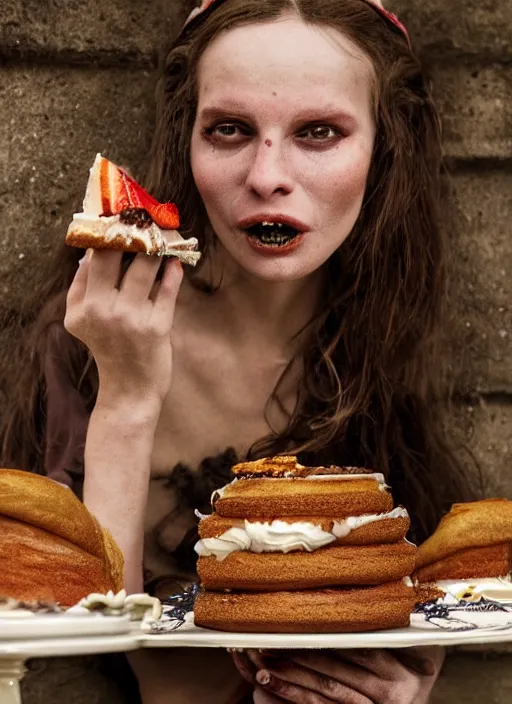 Image similar to closeup portrait of a medieval goblin eating cakes in the cloisters, depth of field, zeiss lens, detailed, symmetrical, centered, fashion photoshoot, by Annie Leibovitz and Steve McCurry, David Lazar, Jimmy Nelsson, Breathtaking, 8k resolution, extremely detailed, beautiful, establishing shot, artistic, hyperrealistic, beautiful face, octane render