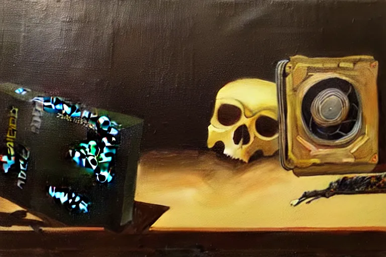 Image similar to a vanitas painting depicting an NVIDIA RTX A100 GPU, graphics card