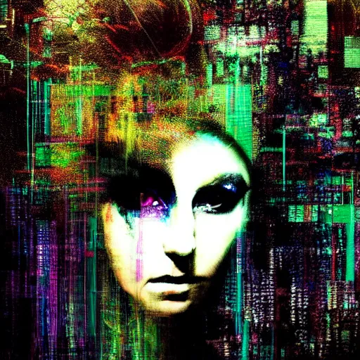 Prompt: portrait of an elven druid modest woman, mysterious, glitch effects over the eyes, shadows, by Guy Denning, by Johannes Itten, by Russ Mills, centered, glitch art, innocent, hacking effects, chromatic, cyberpunk, color blocking, digital art, concept art, abstract