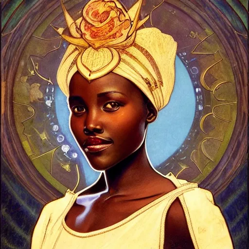 Image similar to lupita nyong'o portrait by louis - theophile hingre and alphonse mucha, realistic, sharp focus, zodiac signs, tarot cards, planets, ethereal, art nouveau, magic, moon, sun, crown, dreamy, royal, jewellery