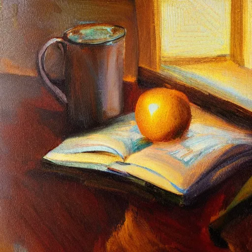 Prompt: redhead reading book still life oil