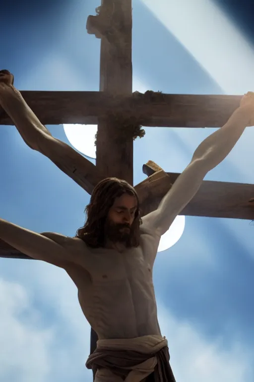 Prompt: jesus christ crucified and a light coming out of his chest, 8 k, hdr, great light, by greg rutkowski and annie leibowitz