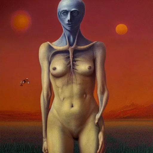 Image similar to the queen of the sun in the style of zdzisław beksiński and h.r. giger, oil on canvas, full body, open wide chest, intricately detailed artwork, full 8k high quality resolution, recently just found unknown masterpiece, renaissance painting, photorealism, 8k high detail, Sigma 85 mm f 1.4, Studio Light, Studio Ghibli, jacek yerka, alex gray, zdzisław beksiński, dariusz zawadzki, jeffrey smith and h.r. giger, oil on canvas, 8k highly professionally detailed, trending on artstation, her hair is thick and smooth, she is beautiful showing her true form