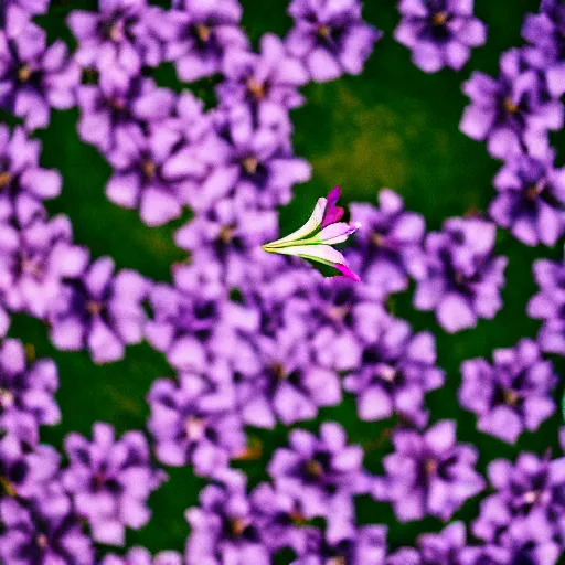 Image similar to closeup photo of purple flower petal flying above a summer city, aerial view, shallow depth of field, cinematic, 8 0 mm, f 1. 8