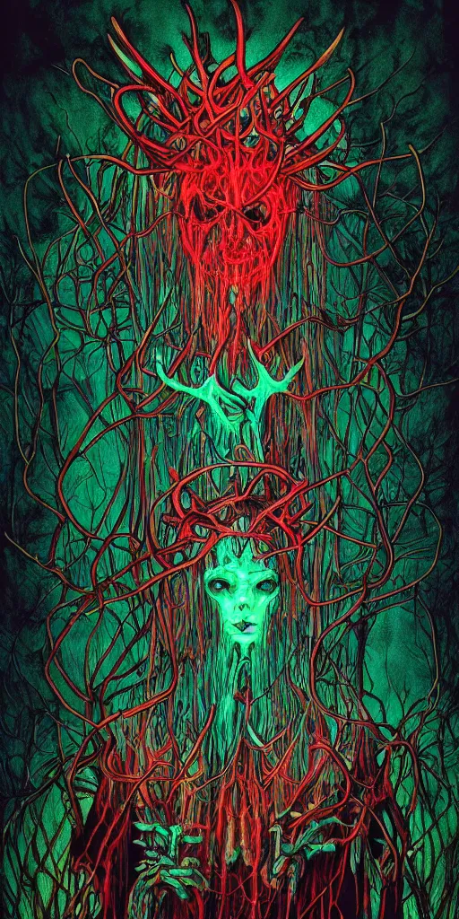 Image similar to intense glowing black metal pagan god with antlers and veins and intense glowing eyes in very dark forest by shintaro kago and beksinski and alphonse mucha, portrait, fantasy, clear, red and teal and yellow, light beams, lens flare, intense, uhd, amazing depth, cinematic lighting