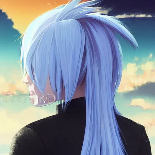 Image similar to profile shot of rimuru tempest, sky blue hair, ponytail, long bangs, gold eyes, black jacket with white stripes and a high collar, highly detailed, roman city, professional art, concept art, stock photo, cinematic, wlop | art by pixiv, ilya kuvshinov, greg rutkowski, yoshitaka amano