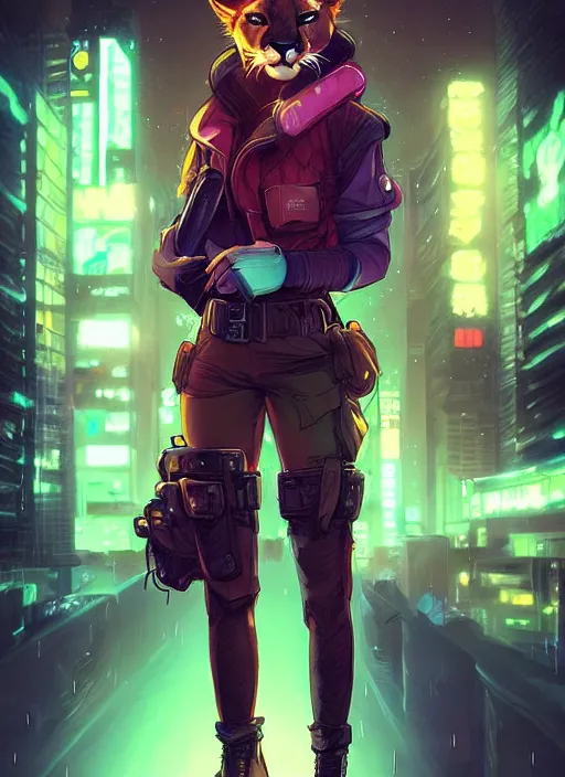 Image similar to beautiful portrait commission of a female furry anthro mountain lion wearing a bullet proof vest and cargo pants. Cyberpunk city at night in the rain. Neon light. Atmospheric. Character design by charlie bowater, ross tran, artgerm, and makoto shinkai, detailed, inked, western comic book art