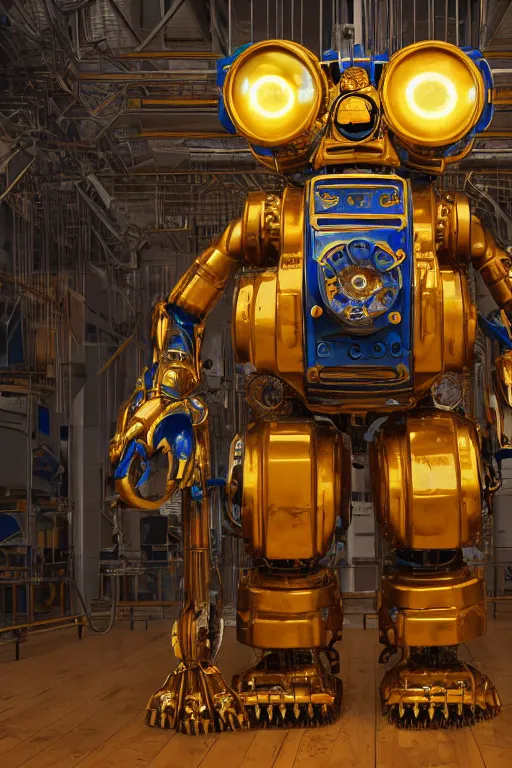 Image similar to portrait photo of a giant huge golden and blue metal humanoid steampunk robot cleaner robot, with gears and tubes, on the floor are mop and bucket, eyes are glowing red lightbulbs, shiny crisp finish, 3 d render, 8 k, insaneley detailed, fluorescent colors, background is multicolored lasershow