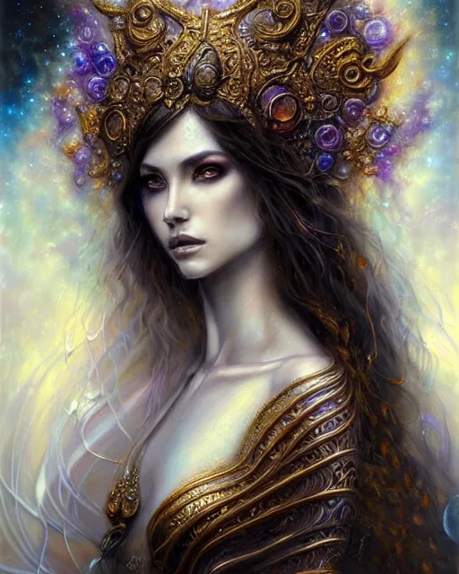 Image similar to portrait of a beautiful celestial goddess, unusual beauty, esoteric, muted colors, head in focus, fantasy art, ornamental aesthetics intricate, elegant, highly detailed, hyperrealistic painting, artstation, concept art, painterly, sharp focus, illustration, art by lois royo