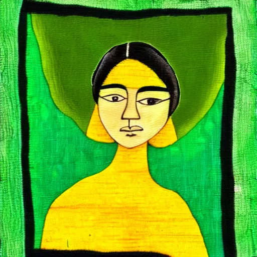 Image similar to Female character, green background, full of yellow leaves, in the artistic style of Hilda Palafox, Poni, textile painting