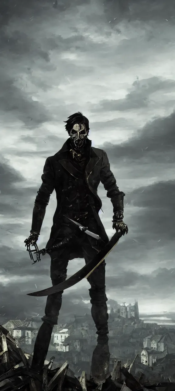 Prompt: portrait of corvo attano standing in a menacing fight stance on a metal scrap hill, holding a fold blade in his left hand, dunwall city behind him, grey color palette, cinematic lighting, depressive atmosphere, sharp focus, dishonored wallpaper 4 k, backlit, dishonored 1 wallpaper, hard focus, full body shot, cinematic