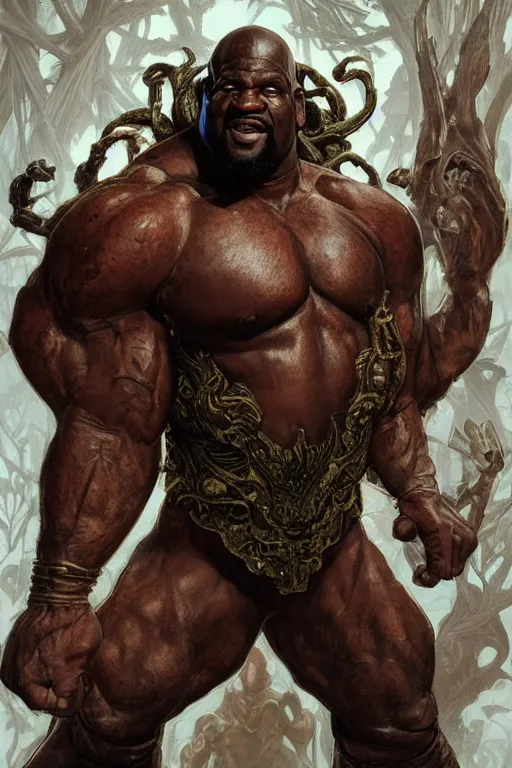 Image similar to portrait of shaquille o'neal as a hulking herculean demon, forest, godlike, full body, fantasy, intricate, elegant, highly detailed, digital painting, artstation, concept art, sharp focus, illustration, art by artgerm and greg rutkowski and alphonse mucha