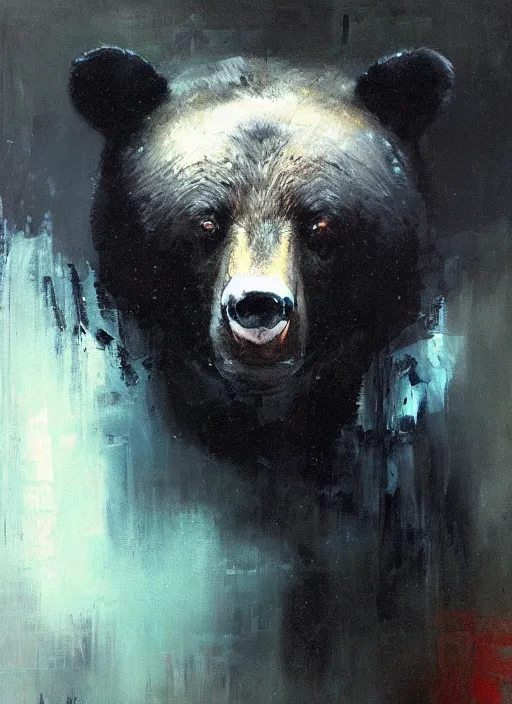 Image similar to portrait painting of anthropomorphic black bear samurai by jeremy mann, only one head single portrait