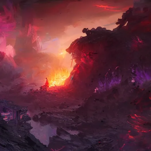 Image similar to a still of a samurai standing in the ruins of crux prime, destroyed castle, purple and blue fiery maelstrom in the distance, digital art, artstationhq