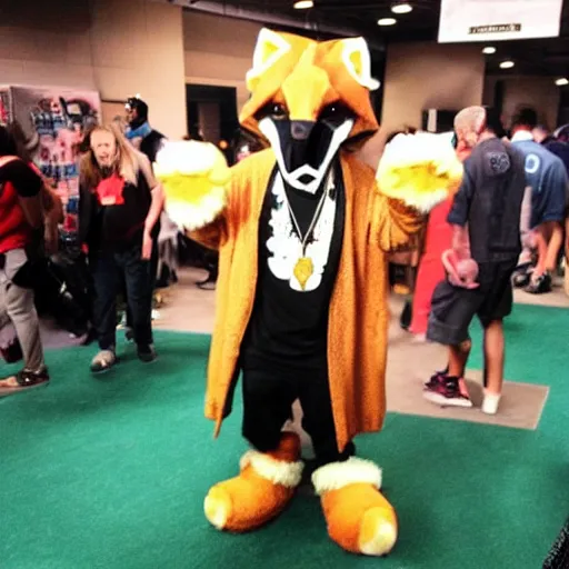 Image similar to snoop dog wearing a fox fursuit without the mask at a furry convention, indoor convention vendors