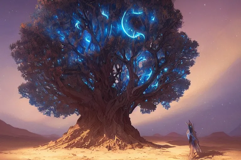 the world tree glowing blue in a large desert at