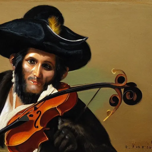 Prompt: an oil painting of a dark haired Latin pirate wearing a wide brimmed hat with a feather in it, holding a violin, with a capuchin monkey on his left shoulder