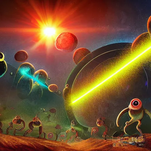 Image similar to laser war between funny creatures on a planet, digital art, award winning 4K