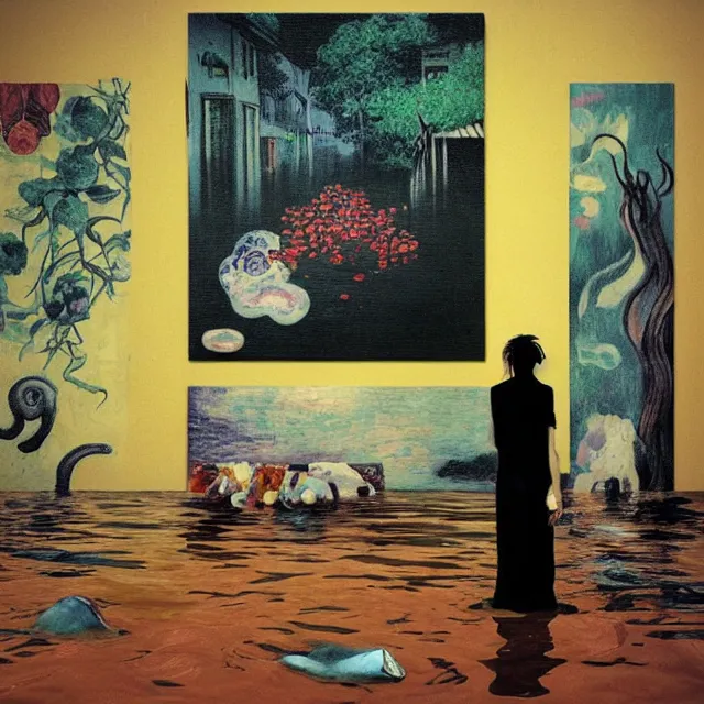 Image similar to tall emo artist in her flooded apartment, painting of flood waters inside an artist's home, a river flooding indoors, pomegranates, pigs, ikebana, zen, water, octopus, river, rapids, waterfall, black swans, canoe, berries, acrylic on canvas, surrealist, by magritte and monet