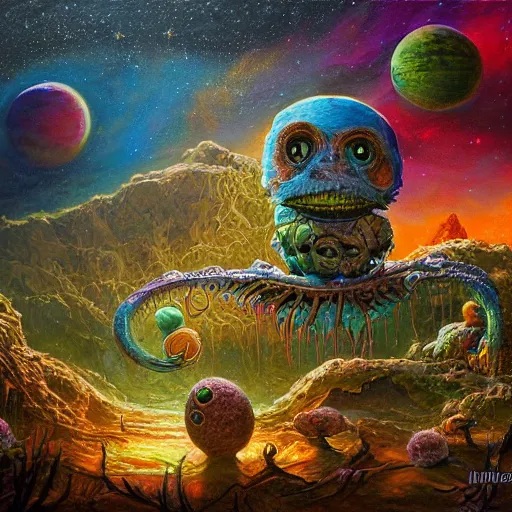 Prompt: extraterrestrial celebration of new life on ancient post - apocalyptic planet, jim henson creature shop, vivid and colorful, thomas kincaid, cinematic, oil painting, highly detailed, illustration